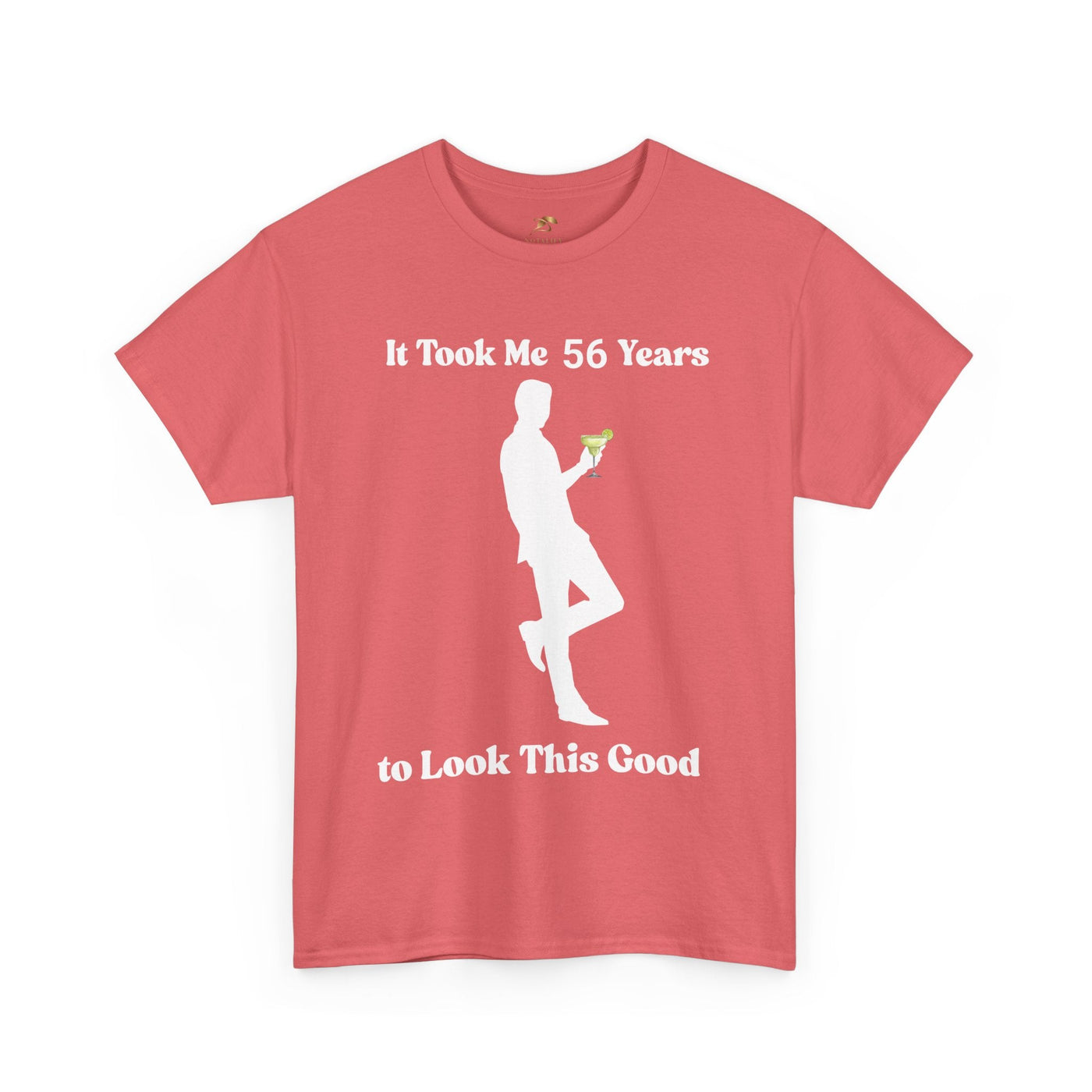 Funny birthday t-shirt with "It Took Me 56 Years to Look This Good" slogan and margarita graphic.