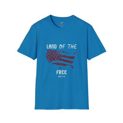 Unisex Patriotic Party T-Shirt for Independence Day featuring "Land of the Free" design on blue fabric.
