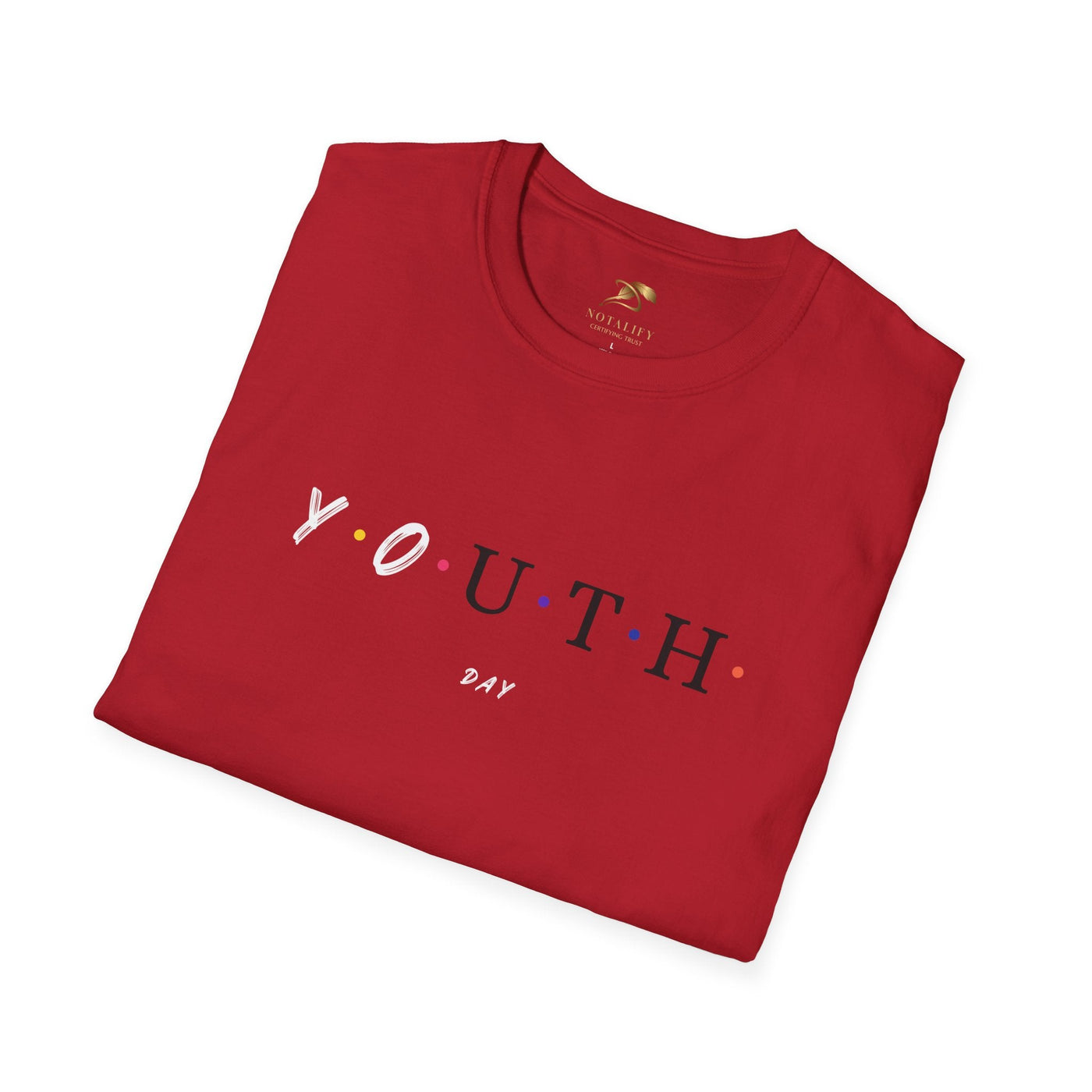 Red unisex Youth Day Celebration t-shirt with colorful dotted letters on front made from 100% cotton