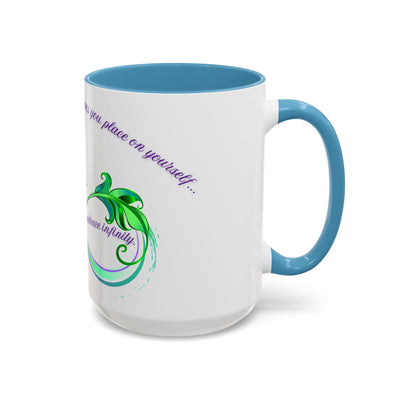 Inspirational Butterfly Coffee Mug with embrace infinity design, perfect motivational gift, 15oz white ceramic with colored accents.