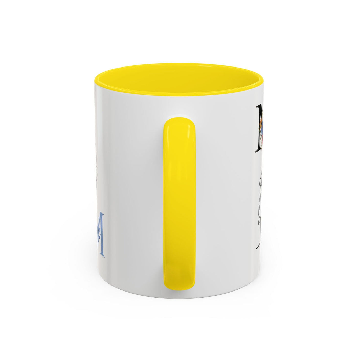 Mother's Day mug with yellow interior and handle, featuring floral design and "madre" text, perfect gift for mothers.