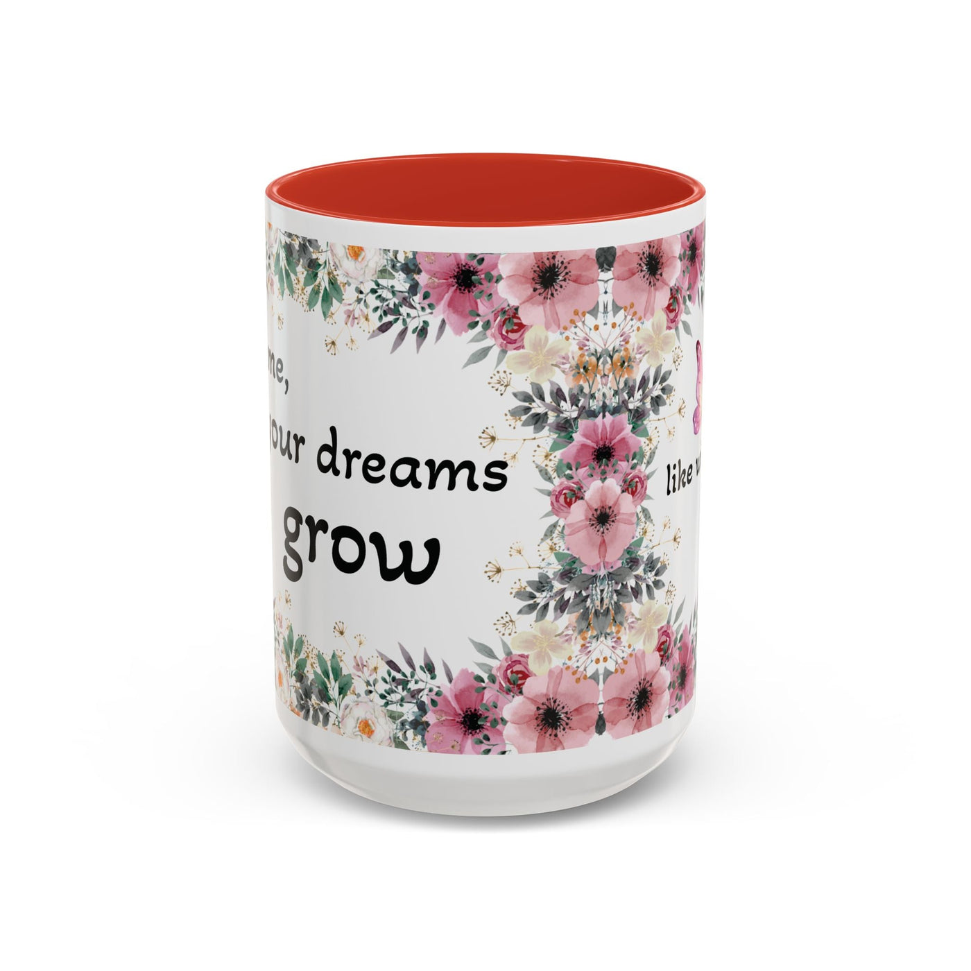 Inspirational quote mug featuring wildflower design, ideal gift for garden lovers, white ceramic with colored interior.