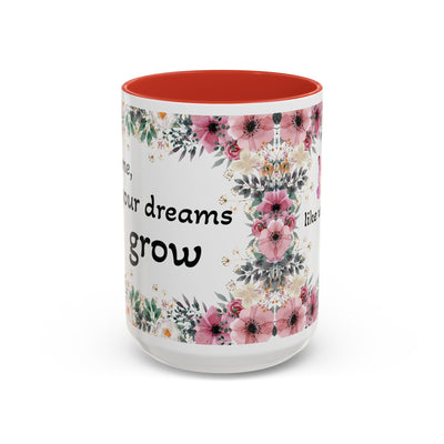 Inspirational quote mug featuring wildflower design, ideal gift for garden lovers, white ceramic with colored interior.