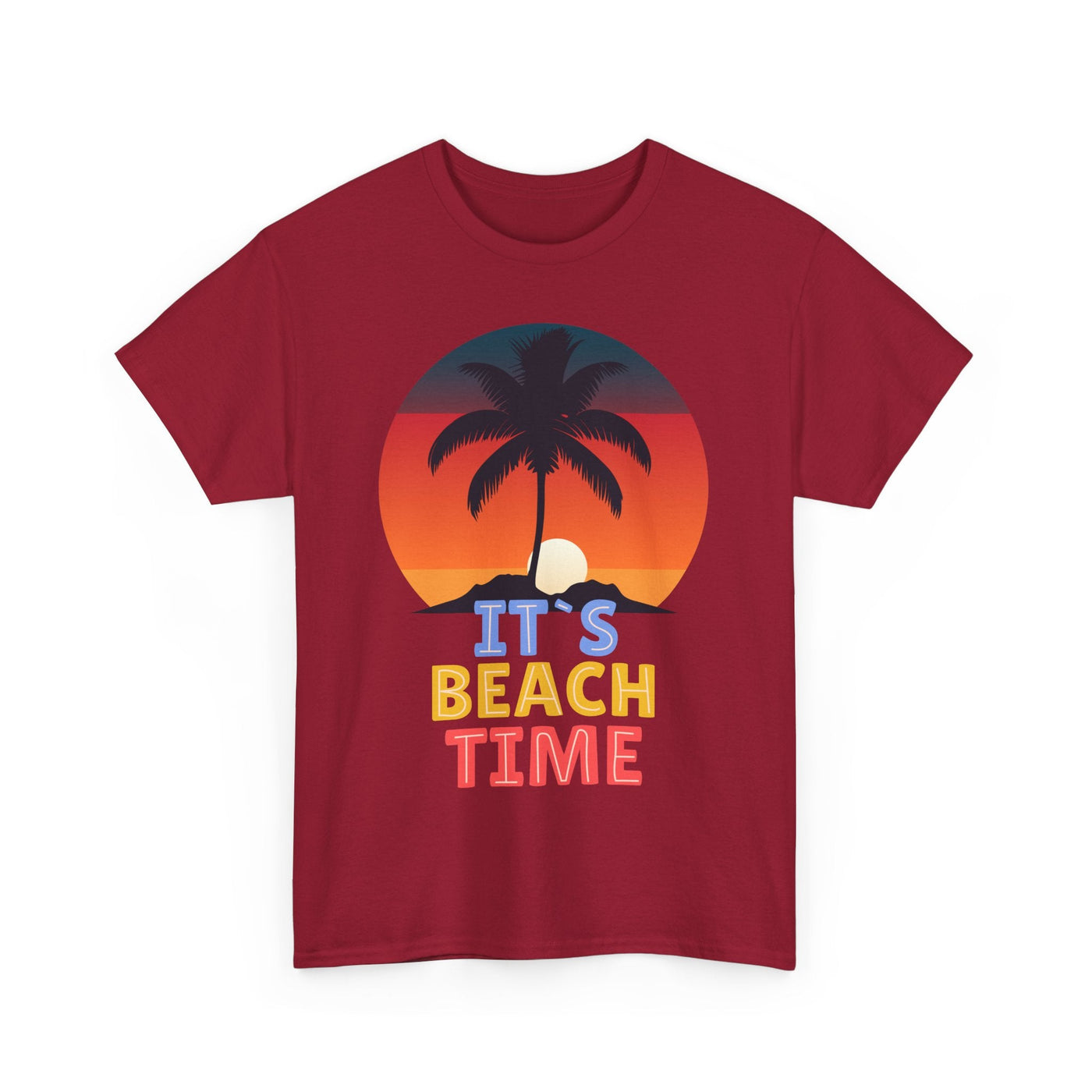 Beach Time Summer 2025 T-Shirt with tropical icons and palm tree graphic on a sunset background.