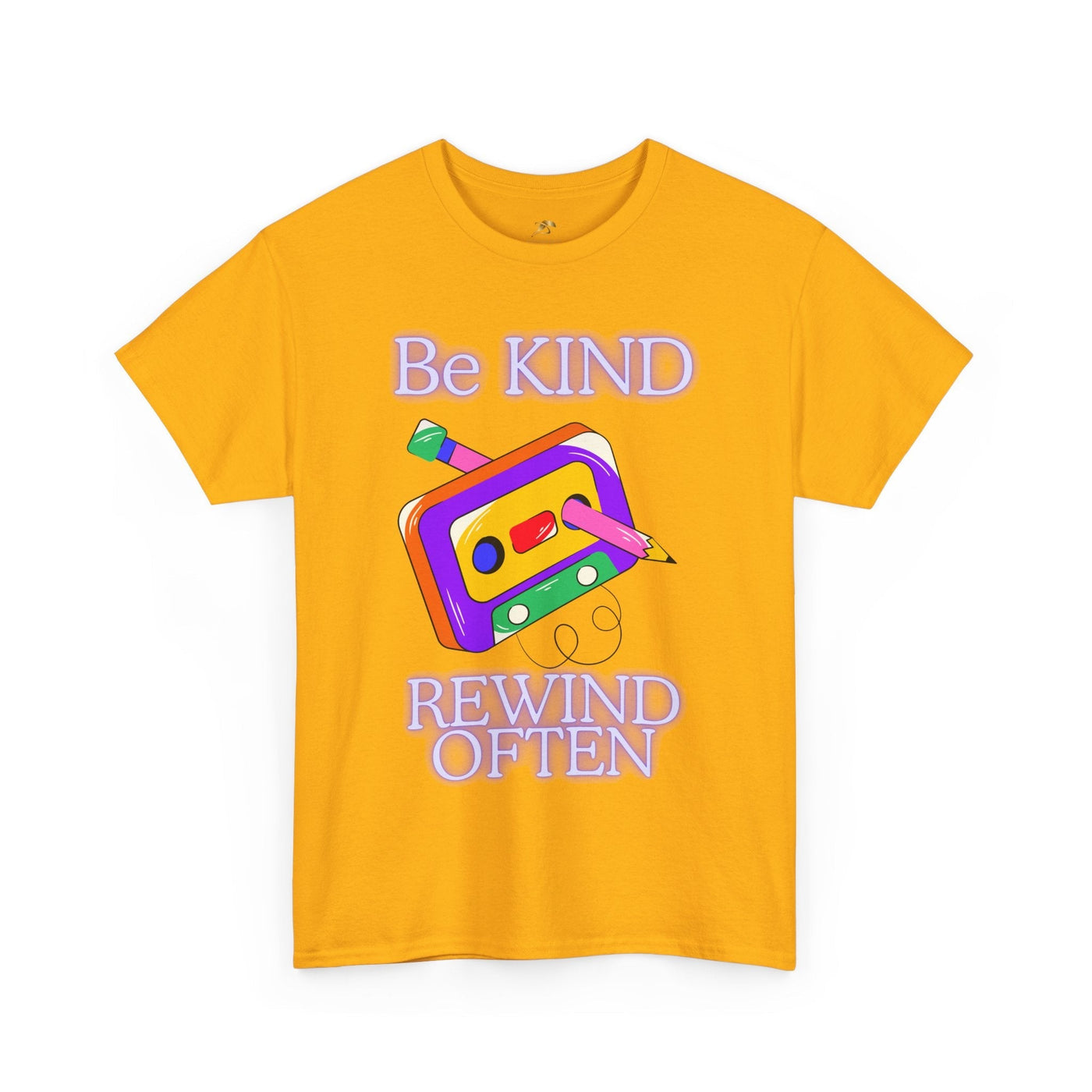 Retro unisex T-shirt with "Be Kind, Rewind Often" positive quote and cassette tape graphic.
