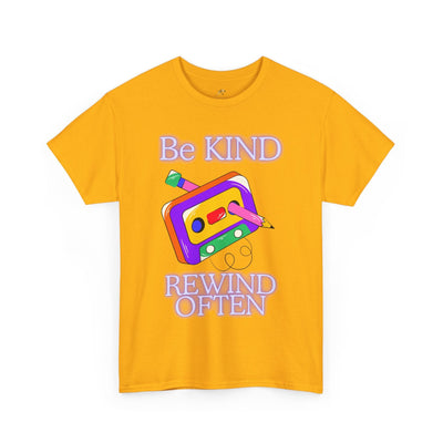 Retro unisex T-shirt with "Be Kind, Rewind Often" positive quote and cassette tape graphic.