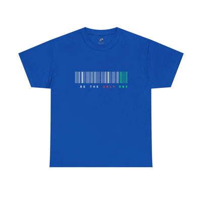 Unique "Be The Only One" barcode t-shirt in blue with a minimalist design