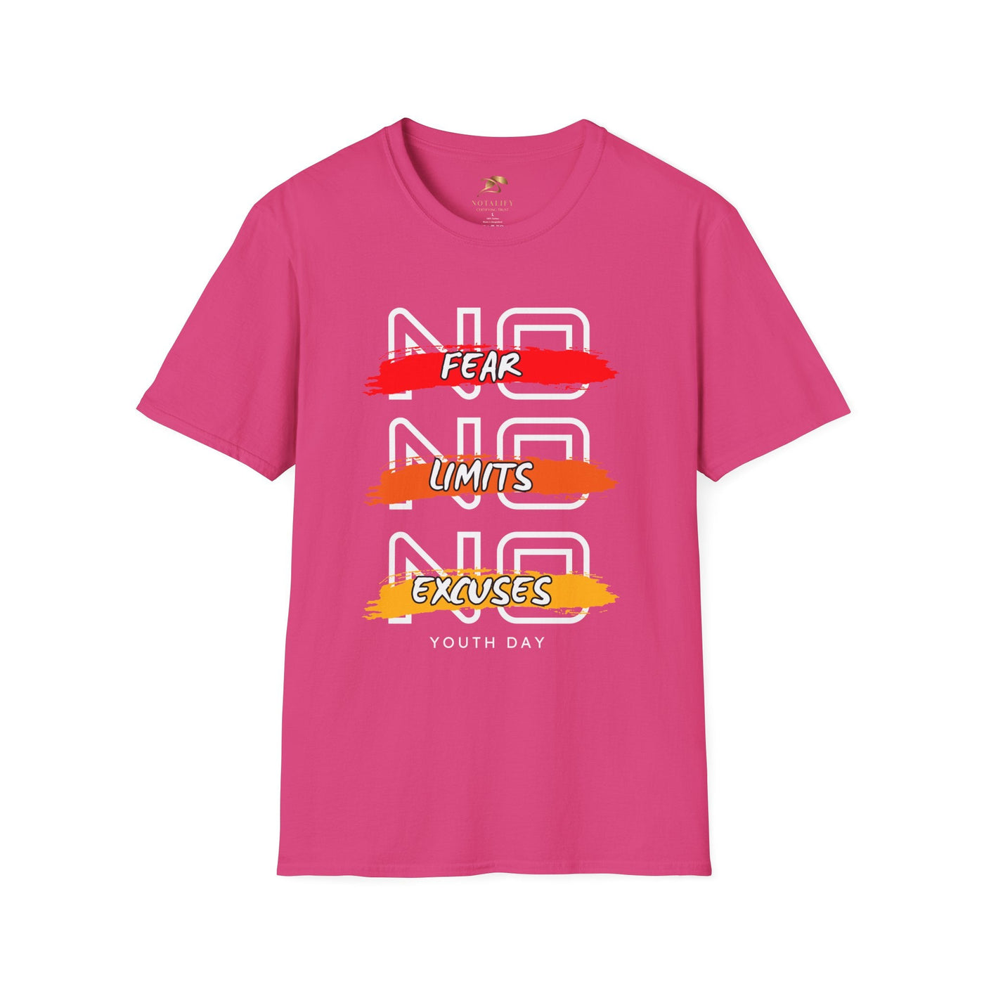 Pink youth day t-shirt with No Fear No Limits No Excuses motivational graphic design, unisex classic fit cotton tee