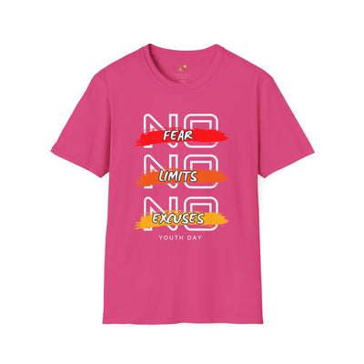Pink youth day t-shirt with No Fear No Limits No Excuses motivational graphic design, unisex classic fit cotton tee