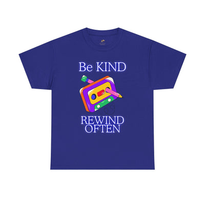 Retro unisex t-shirt with "Be Kind, Rewind Often" graphic, perfect for 90s nostalgia lovers.