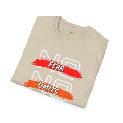 Folded beige unisex t-shirt with motivational "No Fear No Limits" graphic in red and orange brushstroke design.