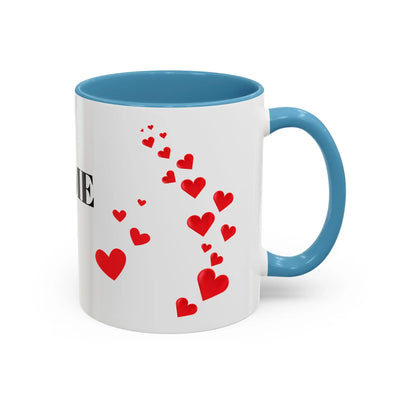 You are Enough Mug with red hearts, ceramic, 11oz, personalized accent coffee cup, glossy finish, blue interior.