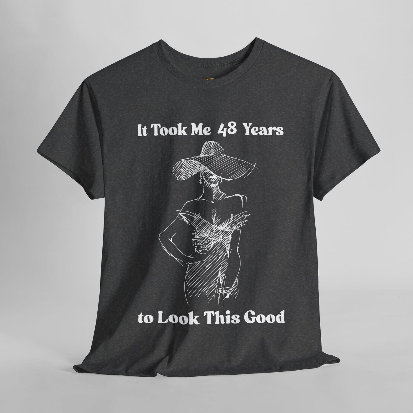 Elegant woman t-shirt with humorous slogan "It Took Me 48 Years to Look This Good" featuring minimalist line art.