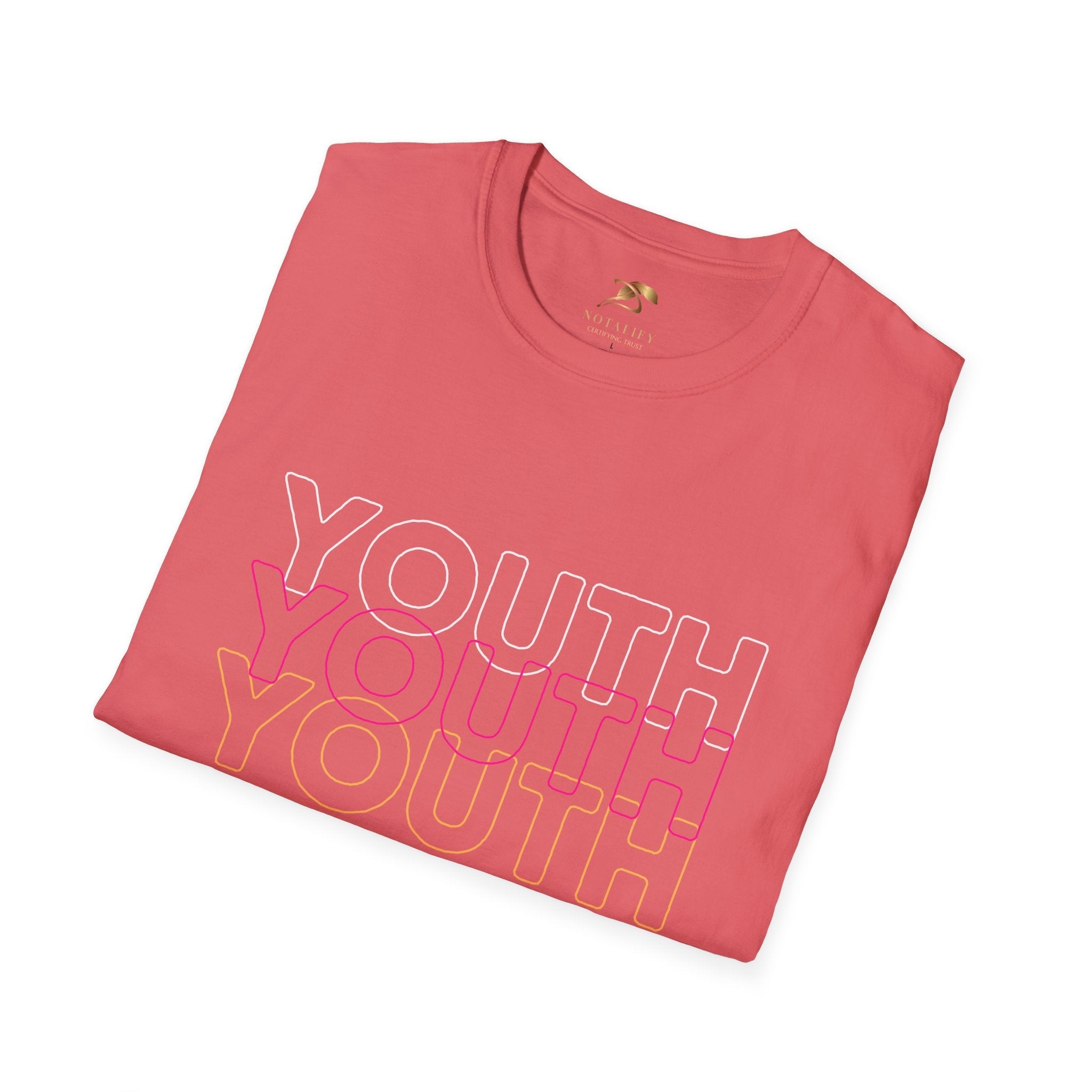 Youth Day Unisex Softstyle T-Shirt in pink with repeated youth text design, classic fit crew neck, made of 100% ring-spun cotton for comfort and durability.