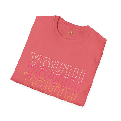 Youth Day Unisex Softstyle T-Shirt in pink with repeated youth text design, classic fit crew neck, made of 100% ring-spun cotton for comfort and durability.