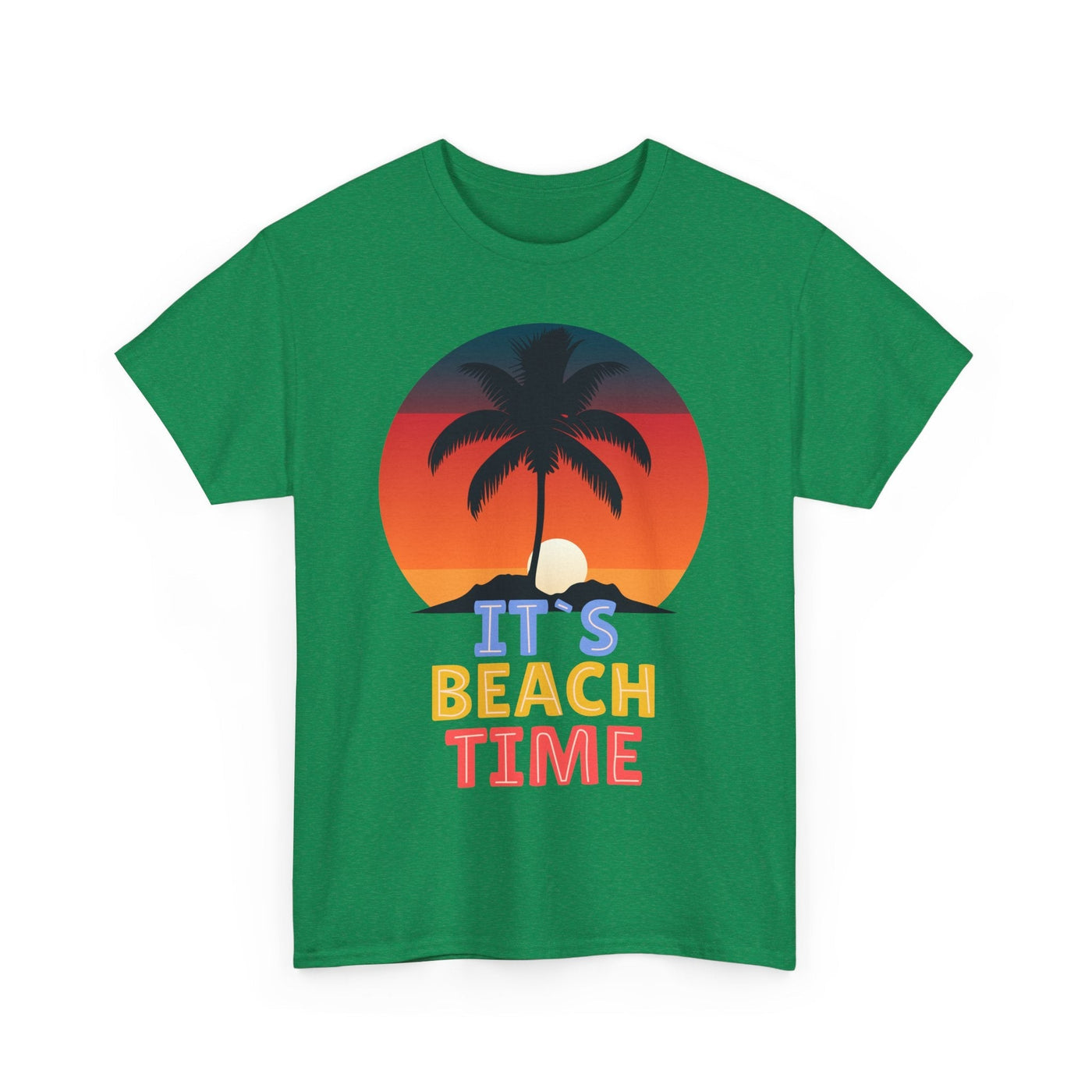 Beach Time Summer 2025 T-Shirt with palm tree and sunset graphic, perfect for vacations and tropical getaways.