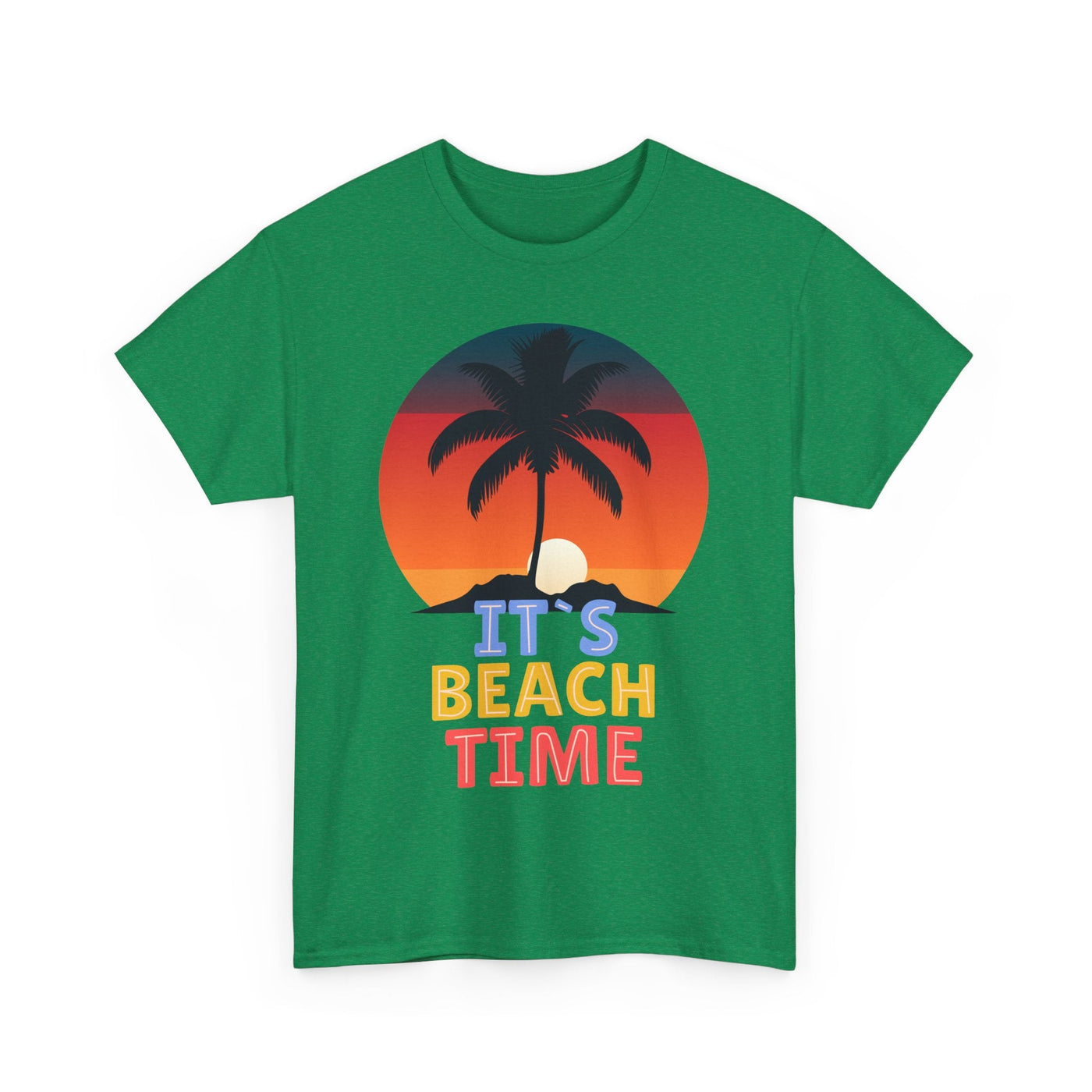 Beach Time Summer 2025 T-Shirt with vibrant tropical graphic design featuring palm tree and sunset.
