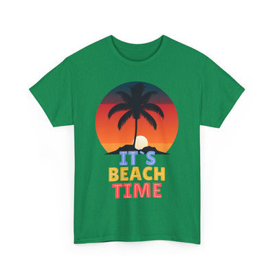 Beach Time Summer 2025 T-Shirt with vibrant tropical graphic design featuring palm tree and sunset.