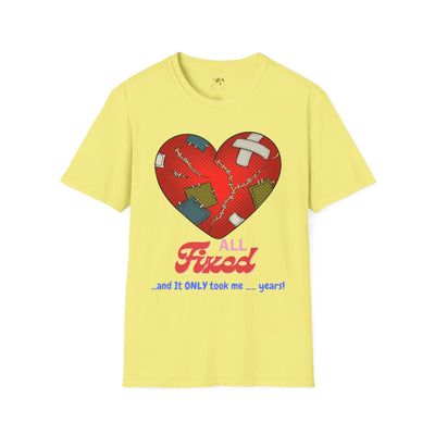 Unisex Heart Fixed Enamorados T-Shirt for Valentine's Day, yellow tee with a patched heart design.