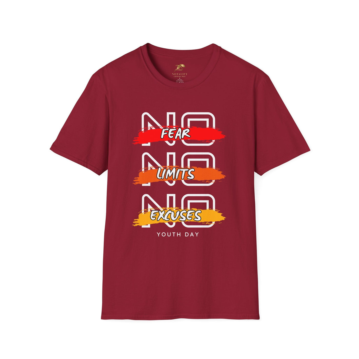 Maroon unisex youth day t-shirt with "No Fear No Limits No Excuses" motivational graphic print