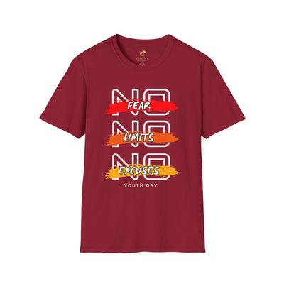 Maroon unisex youth day t-shirt with "No Fear No Limits No Excuses" motivational graphic print