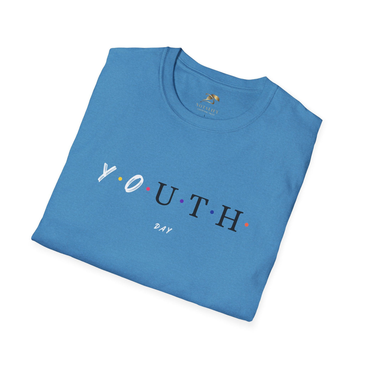 Blue unisex Youth Day Celebration t-shirt with colorful dots and classic crew neckline made of 100% ring-spun cotton