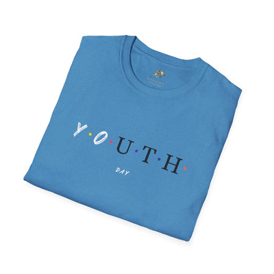Blue unisex Youth Day Celebration t-shirt with colorful dots and classic crew neckline made of 100% ring-spun cotton