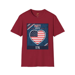Patriotic t-shirt with "Party Like it's 1776" design, featuring American flag heart, stars, and stripes graphics, ideal for Independence Day celebrations.