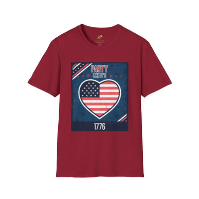 Patriotic t-shirt with "Party Like it's 1776" design, featuring American flag heart, stars, and stripes graphics, ideal for Independence Day celebrations.