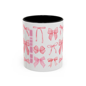 Personalized coquette bow accent mug for Mother's Day, available in 11oz and 15oz, vibrant design, dishwasher safe.