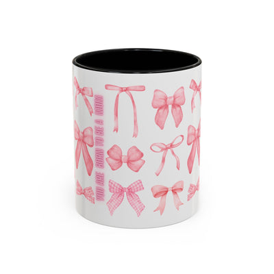 Personalized coquette bow accent mug for Mother's Day, available in 11oz and 15oz, vibrant design, dishwasher safe.