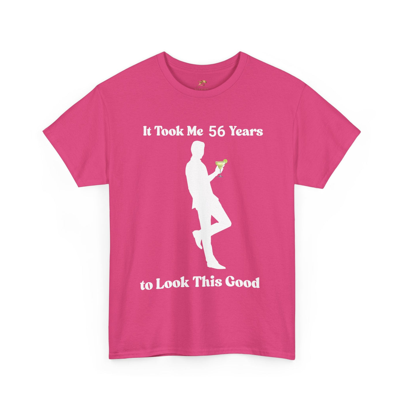 Funny birthday t-shirt with "It Took Me Years to Look This Good" slogan and silhouette holding a margarita.