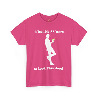 Funny birthday t-shirt with "It Took Me Years to Look This Good" slogan and silhouette holding a margarita.