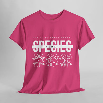 Pink t-shirt with "Certified Party Animal" and "SPECIES: HUMAN" text, featuring dancing figures and confetti graphic.