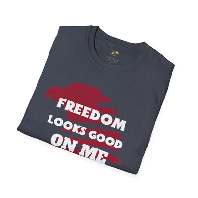 Patriotic party tee with "Freedom Looks Good On Me" design on dark fabric, ideal for 4th of July celebrations.