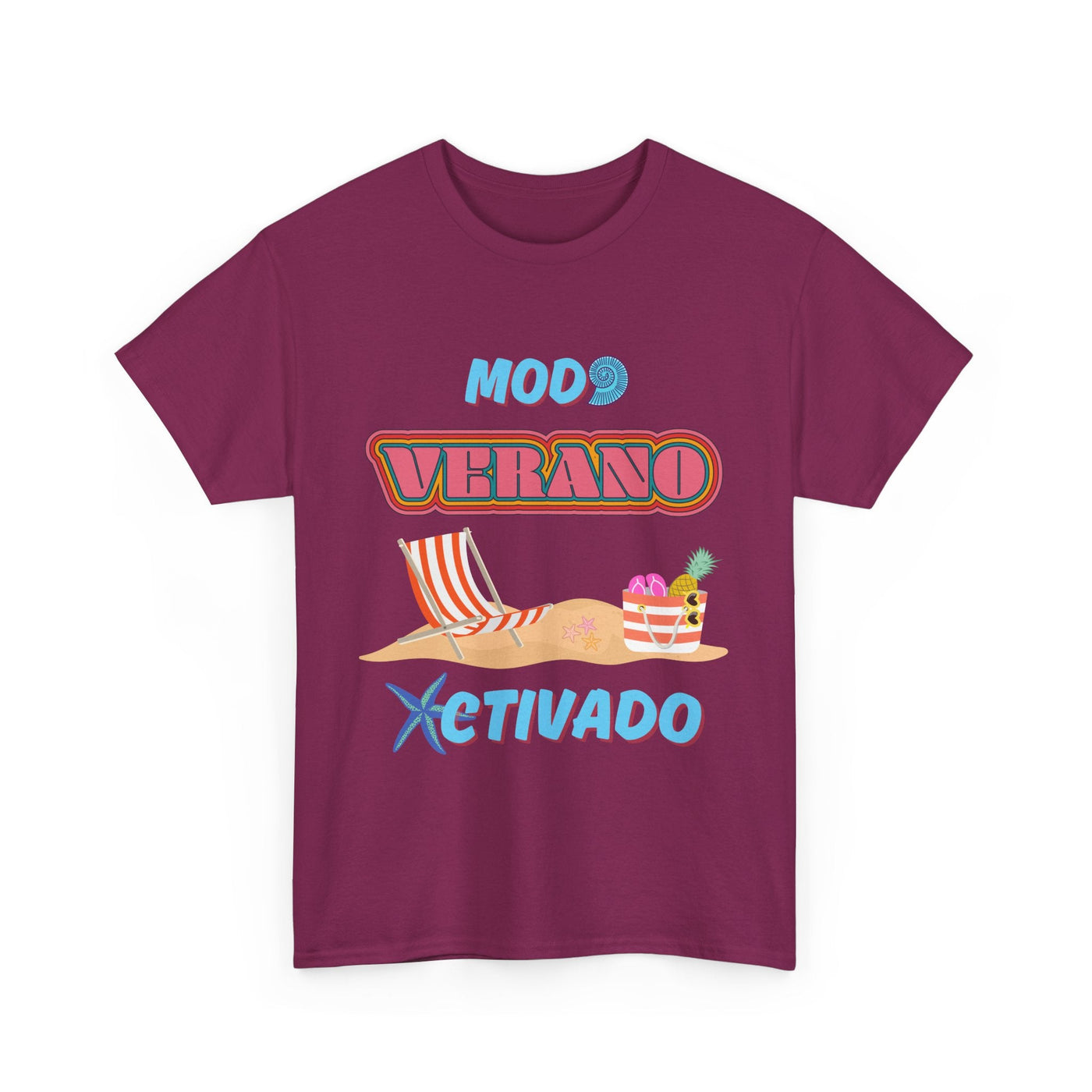 Unisex T-shirt with "Modo Verano Activado" design featuring beach chairs, tropical fruits, and starfish in retro fonts; perfect for summer vibes.