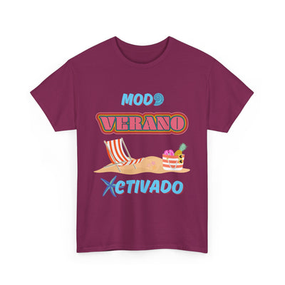 Unisex T-shirt with "Modo Verano Activado" design featuring beach chairs, tropical fruits, and starfish in retro fonts; perfect for summer vibes.