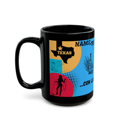 Personalized fun black mug with Texas vs Miami theme, glossy ceramic finish, perfect gift for coffee lovers.