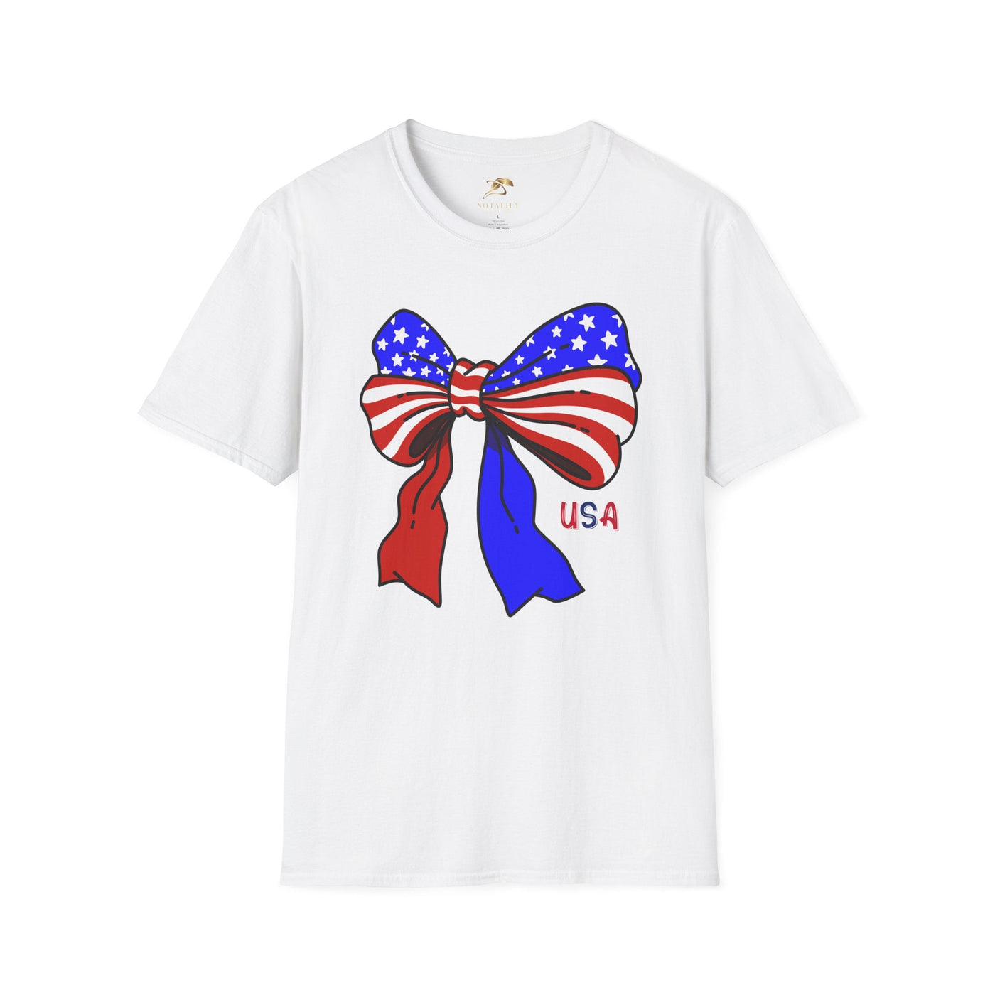 Coquette USA Patriotic T-Shirt featuring American flag bow design, ideal for Independence Day celebrations.