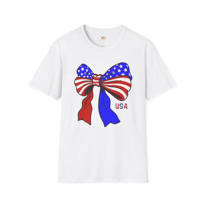 Coquette USA Patriotic T-Shirt featuring American flag bow design, ideal for Independence Day celebrations.