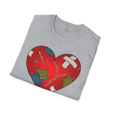 Gray unisex t-shirt with a stitched broken heart design, perfect for Valentine's Day couples.