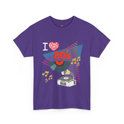 Purple unisex 80's music lover t-shirt with retro record player graphic and musical notes