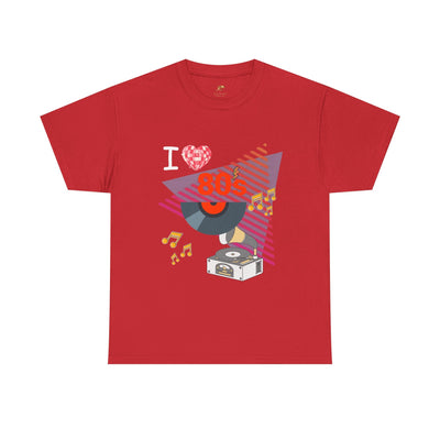 Red 80's Music Lover T-Shirt with retro vinyl record and music graphic, unisex classic cotton tee