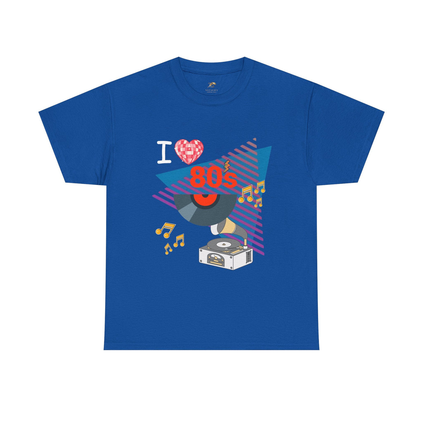 Blue 80's Music Lover T-Shirt with retro vinyl record and cassette player graphic, unisex cotton tee
