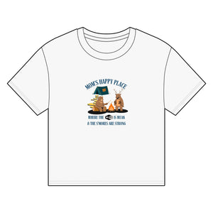 Organic boxy T-shirt for camping moms with 'Mom's Happy Place' and campfire graphic.