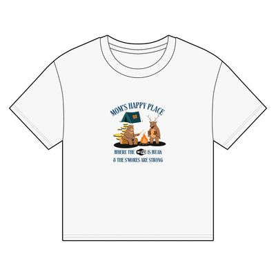 Organic boxy T-shirt for camping moms with 'Mom's Happy Place' and campfire graphic.