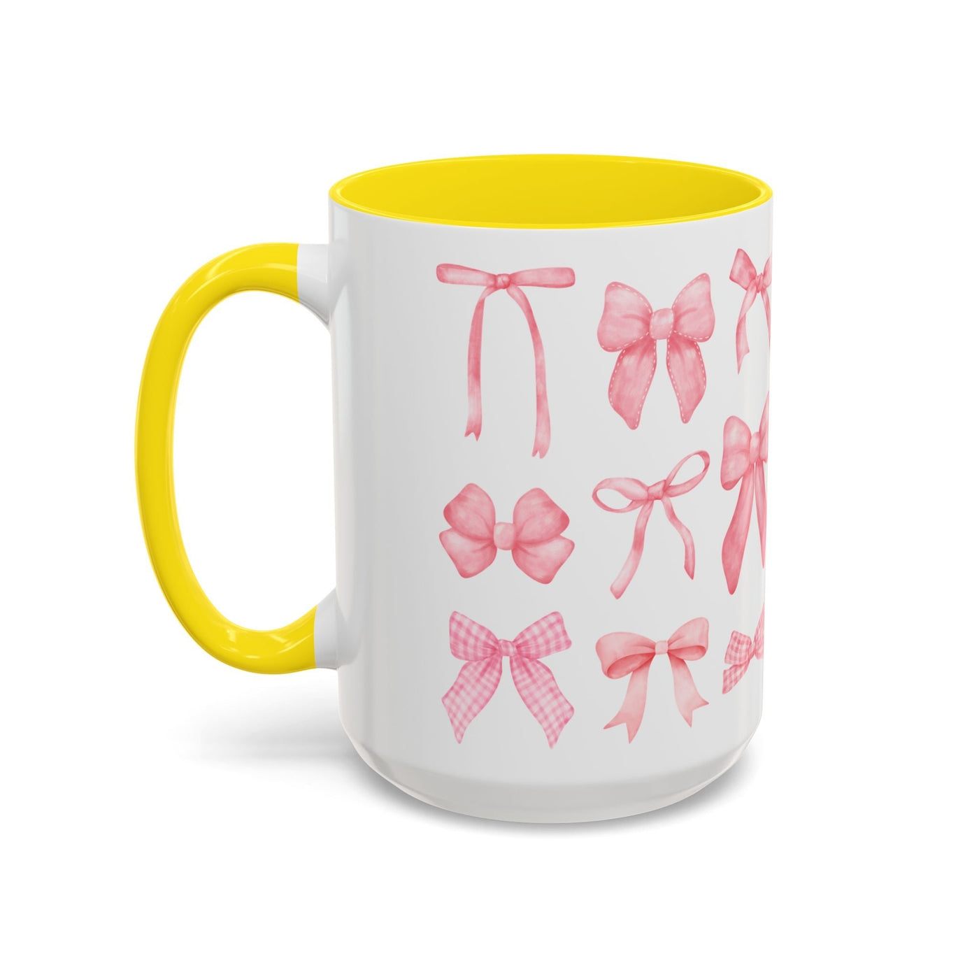 Colorful coffee mug with pink coquette bow design, vibrant yellow interior and handle, perfect for Mother's Day.