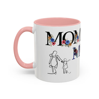 Mother's Day Mug with floral accents and custom names, pink interior and handle.