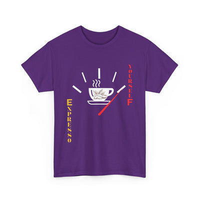 Expresso Yourself coffee T-shirt featuring espresso design with fun wordplay and fuel gauge graphic.