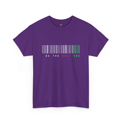 Unique "Be The Only One" barcode t-shirt in blue with a minimalist design